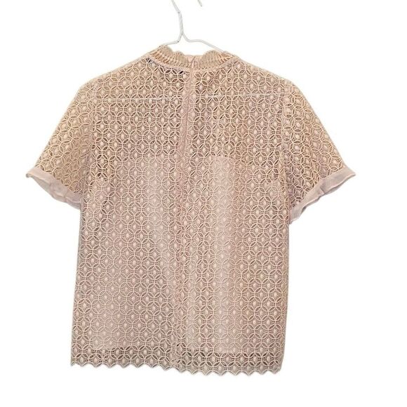Zara Woman Crochet Lace High Collar Scalloped Trim Cotton Blouse Pink Medium - Picture 4 of 5